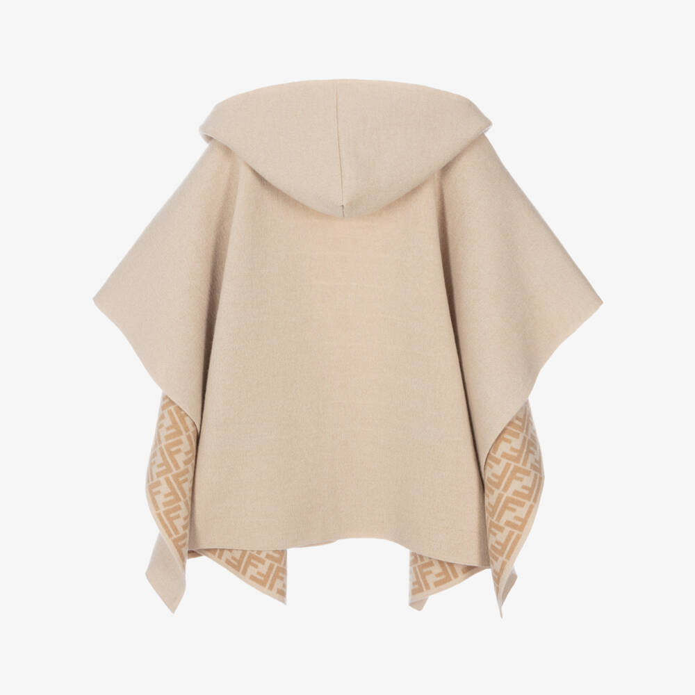 Fendi-Girls Beige Wool FF Logo Reversible Cape | Childrensalon