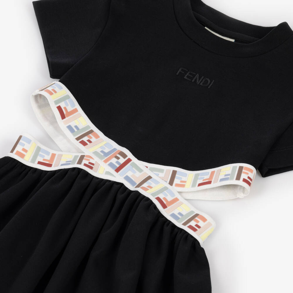 Fendi-Girls Black Jersey Dress with FF Waistband | Childrensalon