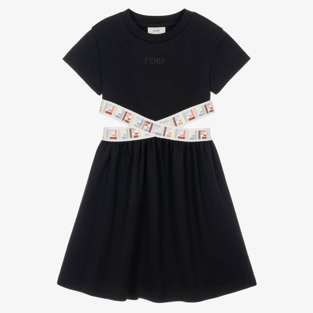 Fendi-Girls Black Jersey Dress with FF Waistband | Childrensalon