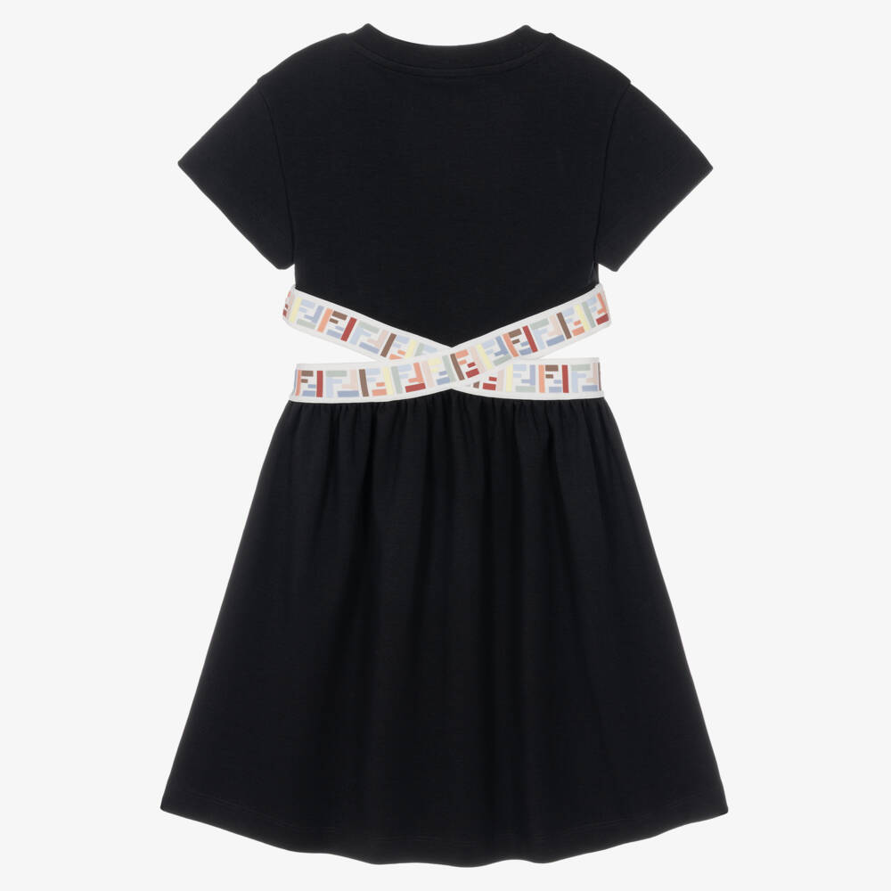 Fendi-Girls Black Jersey Dress with FF Waistband | Childrensalon