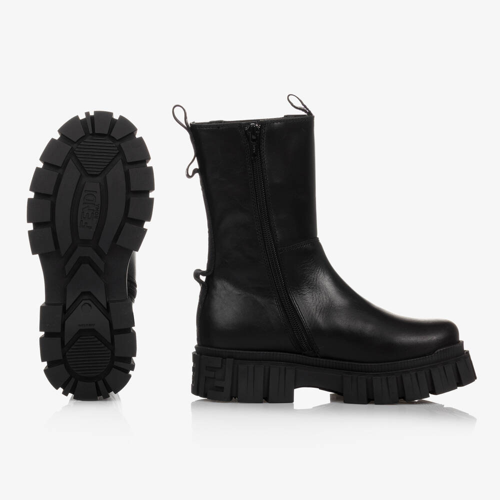 Fendi-Girls Black Leather Boots | Childrensalon
