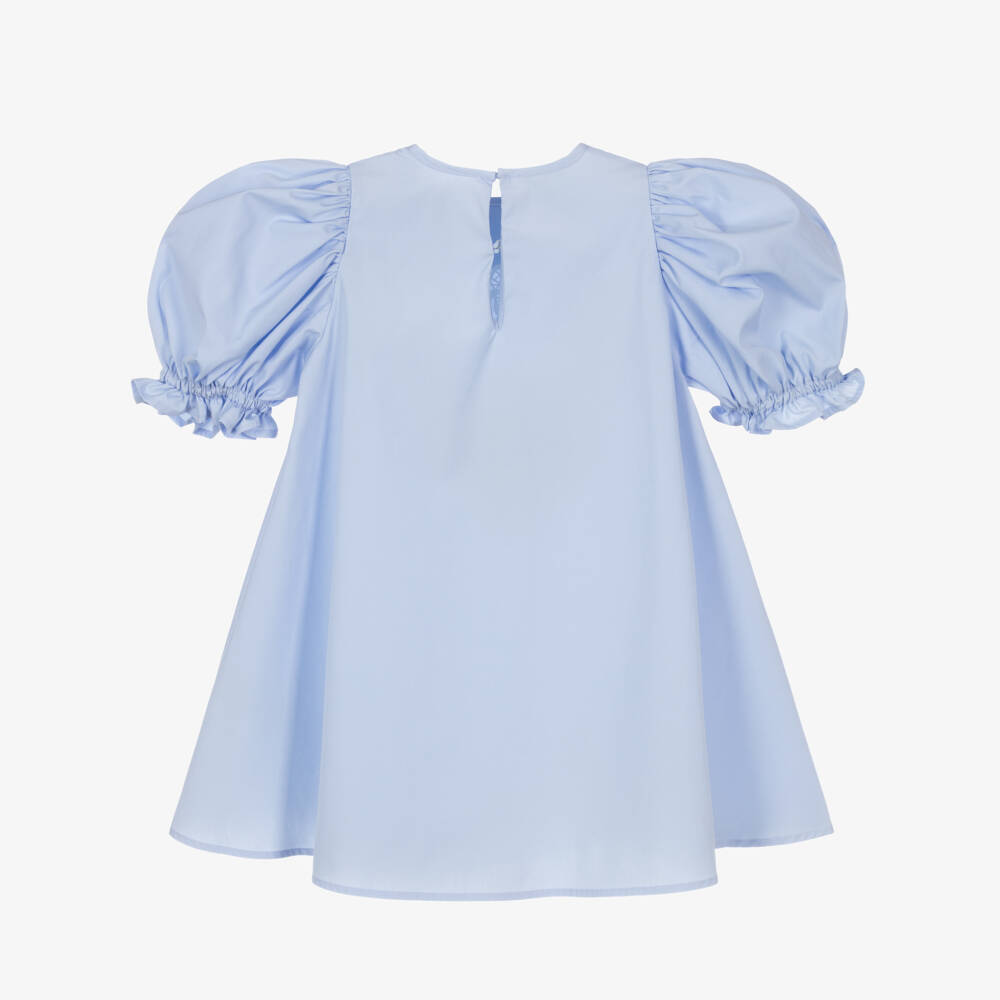 Fendi-Girls Blue Cotton Dress with Puff Sleeves | Childrensalon