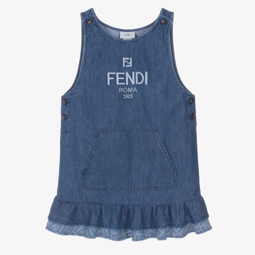 Fendi-Girls Blue Denim Dress with Flounced FF Hem | Childrensalon