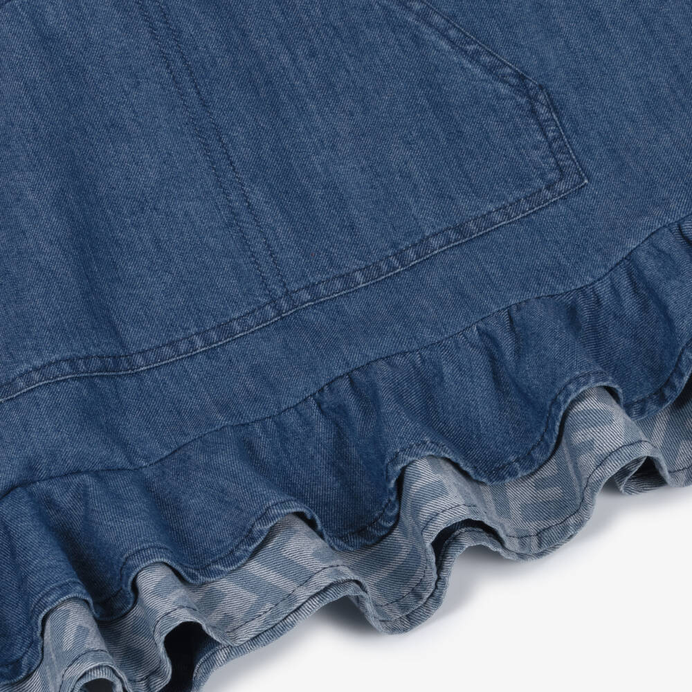 Fendi-Girls Blue Denim Dress with Flounced FF Hem | Childrensalon