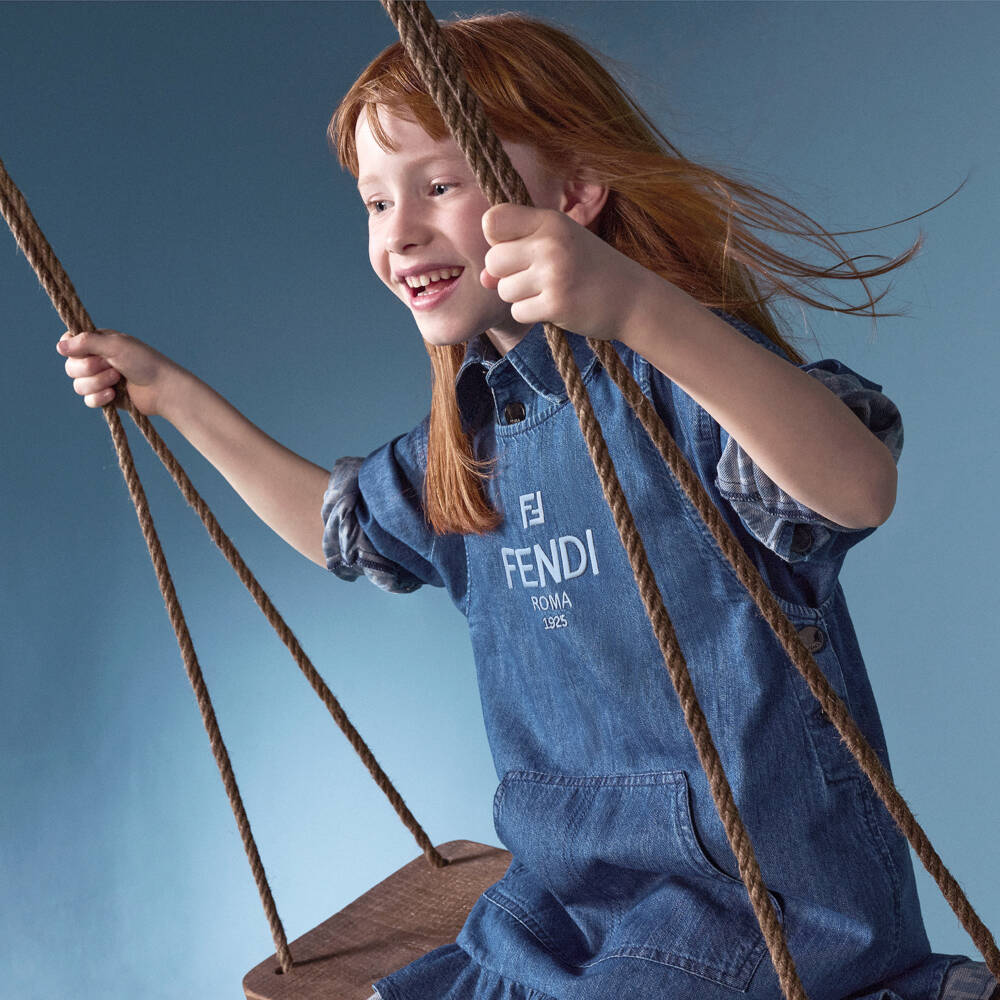 Fendi-Girls Blue Denim Dress with Flounced FF Hem | Childrensalon