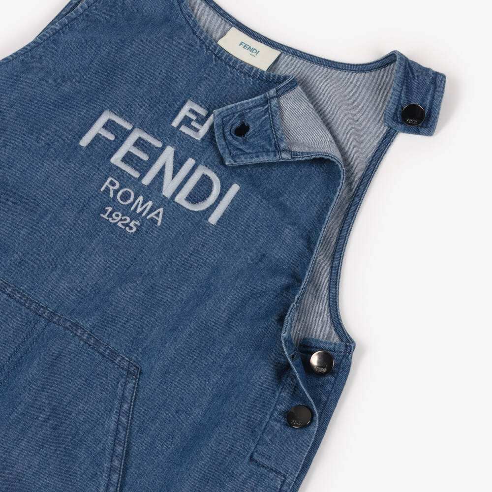 Fendi-Girls Blue Denim Dress with Flounced FF Hem | Childrensalon