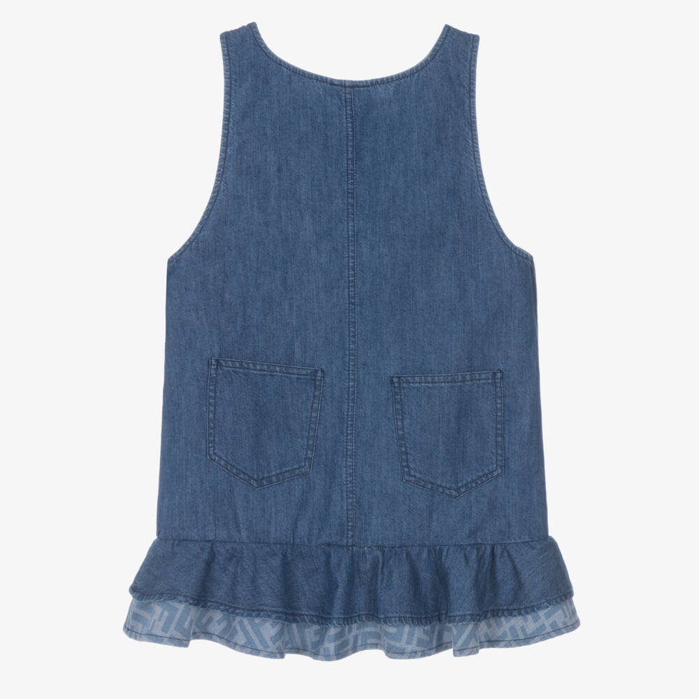 Fendi-Girls Blue Denim Dress with Flounced FF Hem | Childrensalon