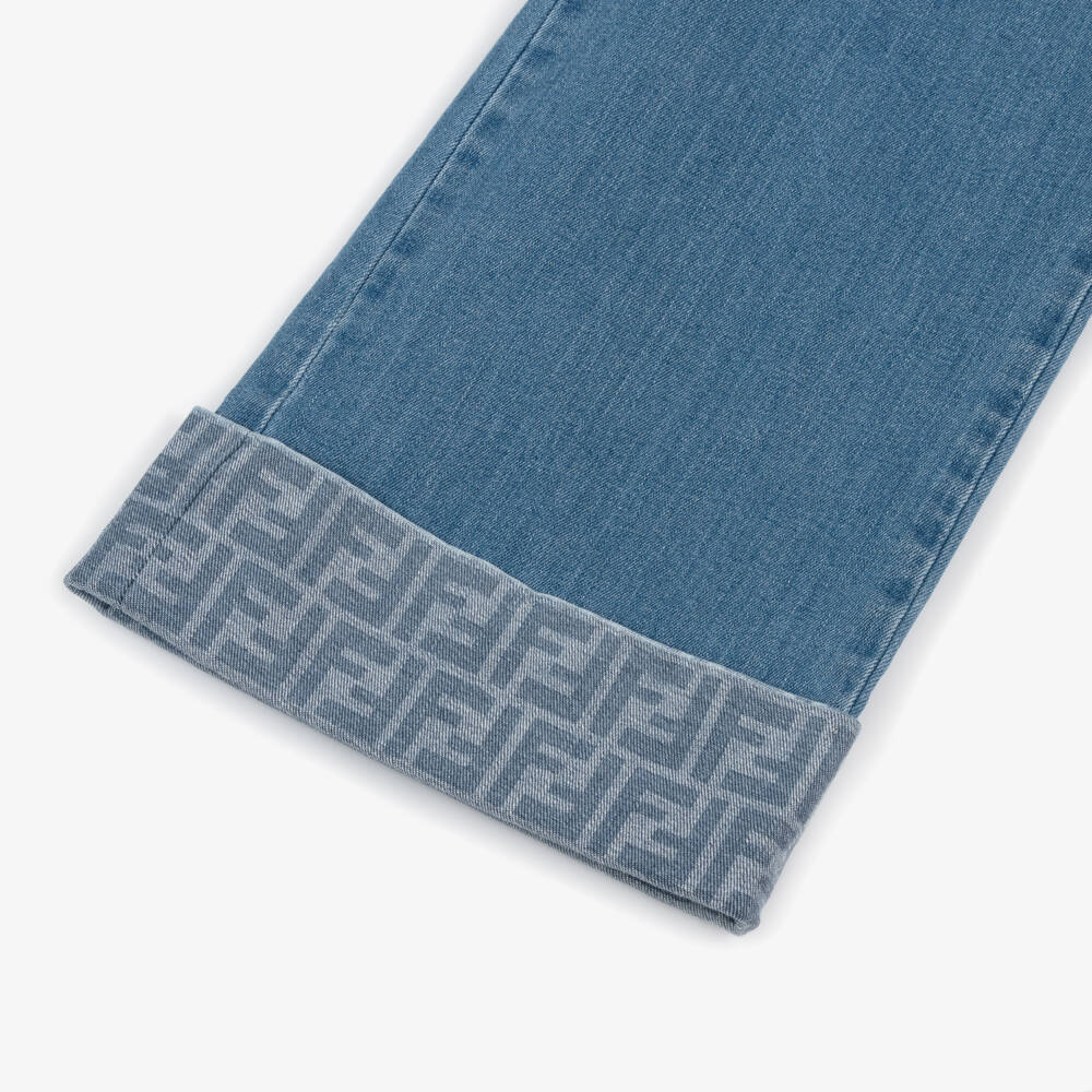 Fendi-Girls Blue Denim Jeans with FF Logo Cuffs | Childrensalon
