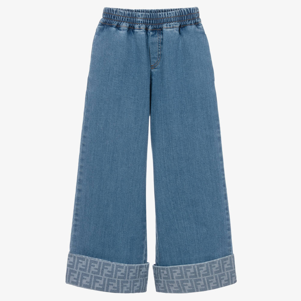 Fendi-Girls Blue Denim Jeans with FF Logo Cuffs | Childrensalon