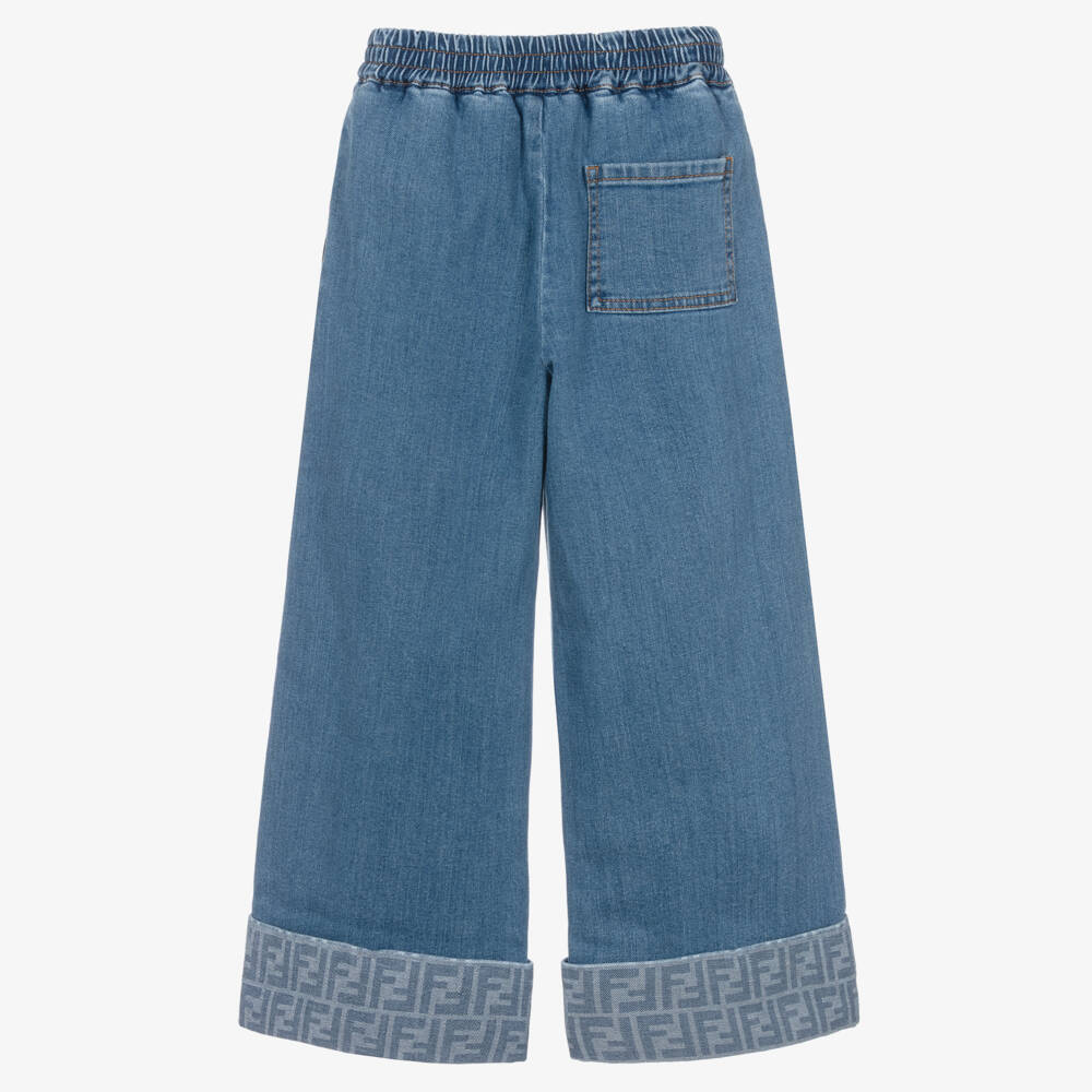 Fendi-Girls Blue Denim Jeans with FF Logo Cuffs | Childrensalon