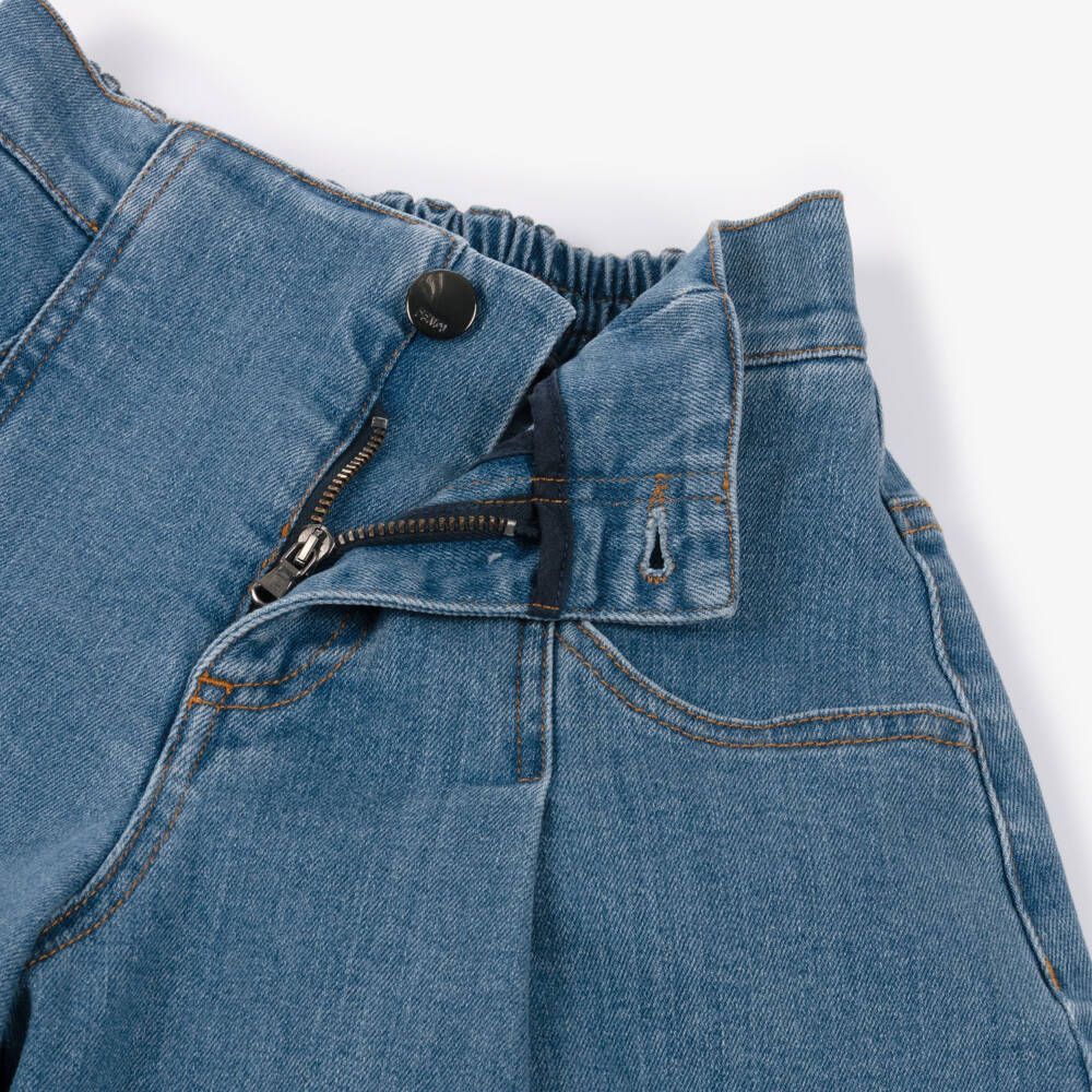 Fendi-Girls Blue Denim Shorts with FF Logo Turn Ups | Childrensalon