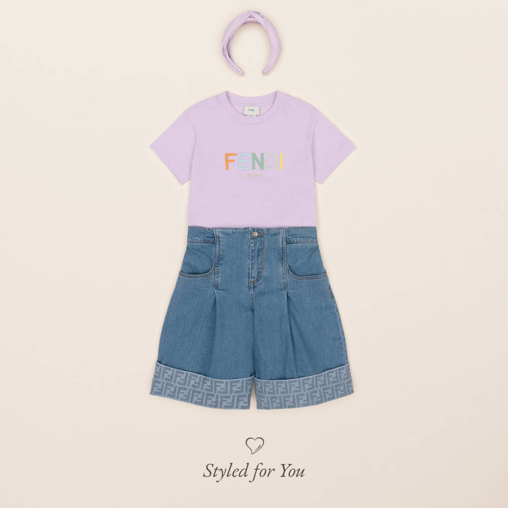 Fendi-Girls Blue Denim Shorts with FF Logo Turn Ups | Childrensalon
