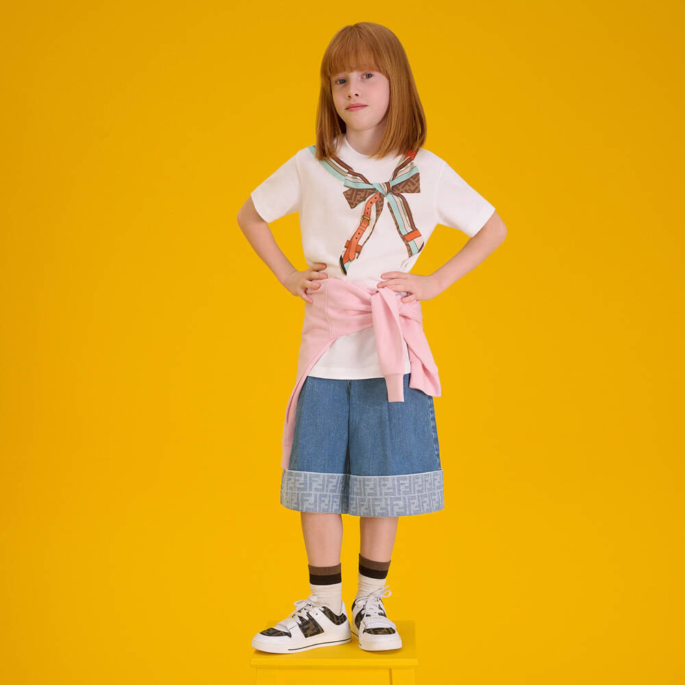 Fendi-Шорты синие джинсовые с отворотом FF для девочек | Childrensalon