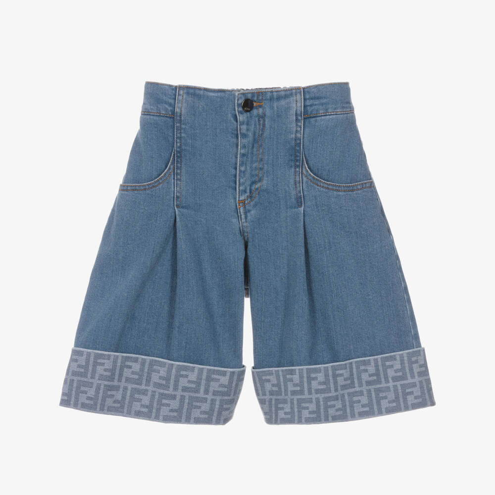 Fendi-Girls Blue Denim Shorts with FF Logo Turn Ups | Childrensalon