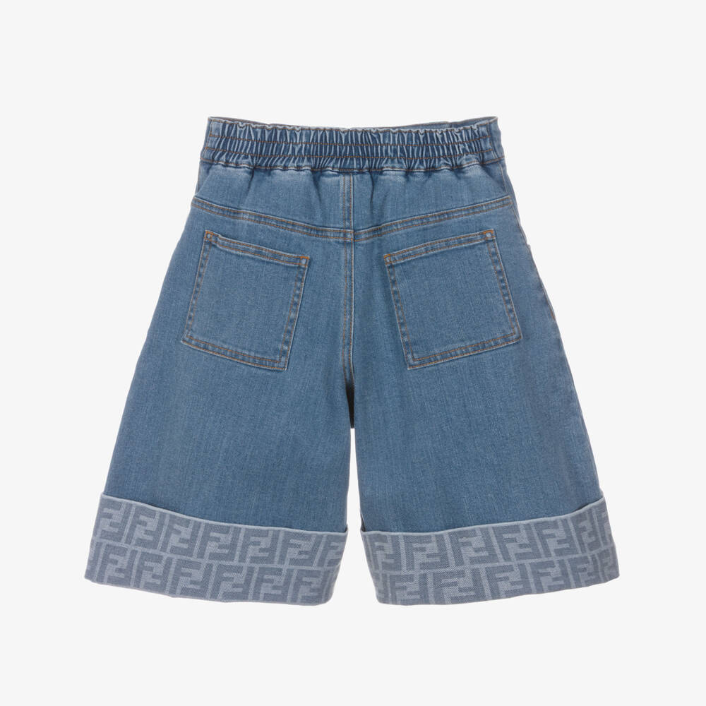 Fendi-Girls Blue Denim Shorts with FF Logo Turn Ups | Childrensalon