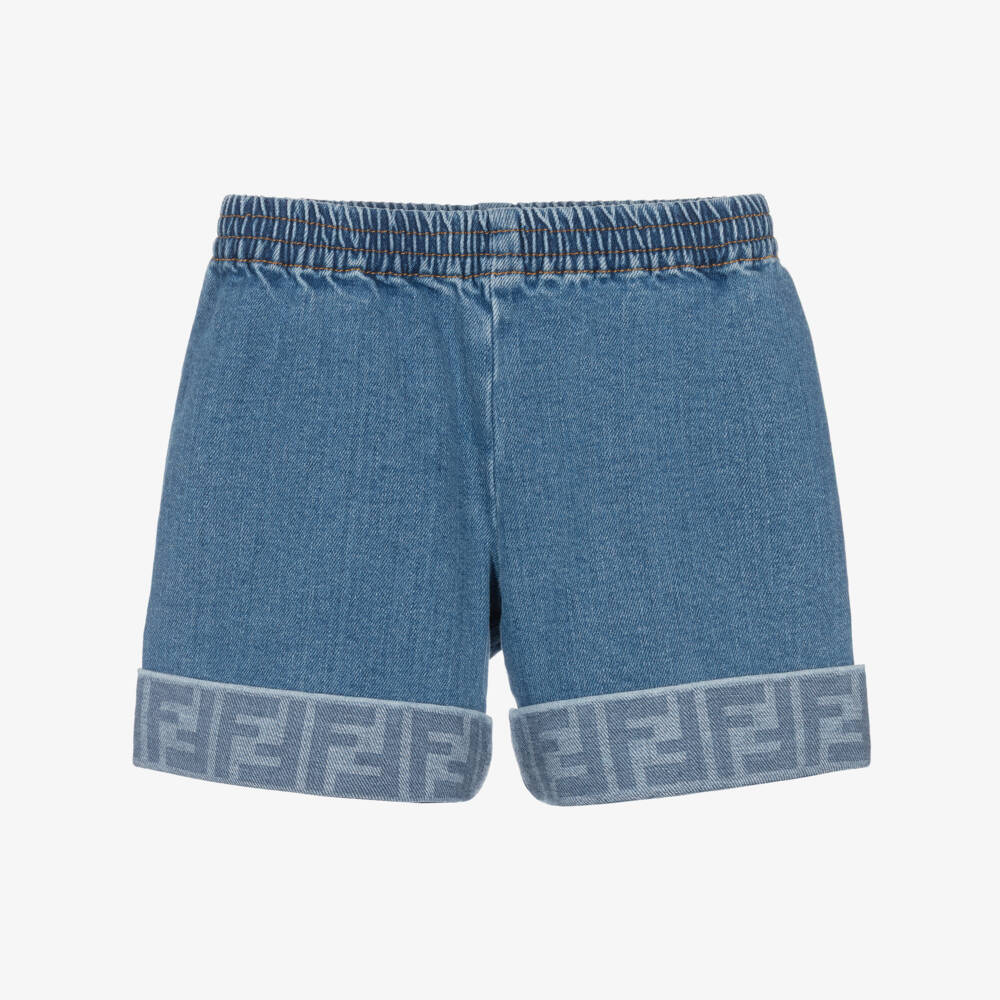 Fendi-Girls Blue Denim Shorts with FF Logo Turn-Ups | Childrensalon
