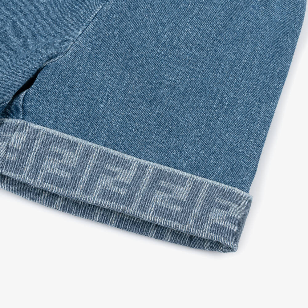 Fendi-Girls Blue Denim Shorts with FF Logo Turn-Ups | Childrensalon