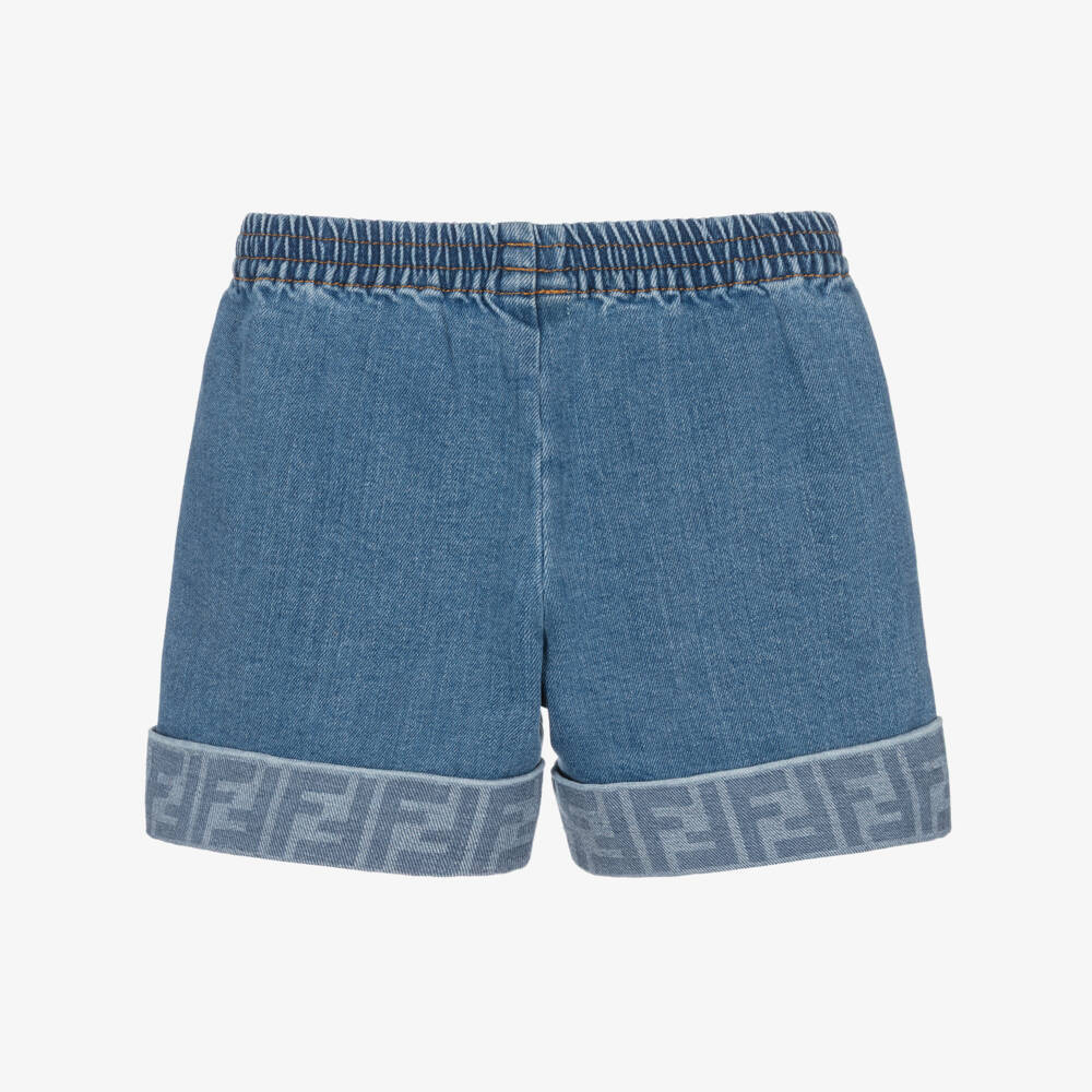 Fendi-Girls Blue Denim Shorts with FF Logo Turn-Ups | Childrensalon