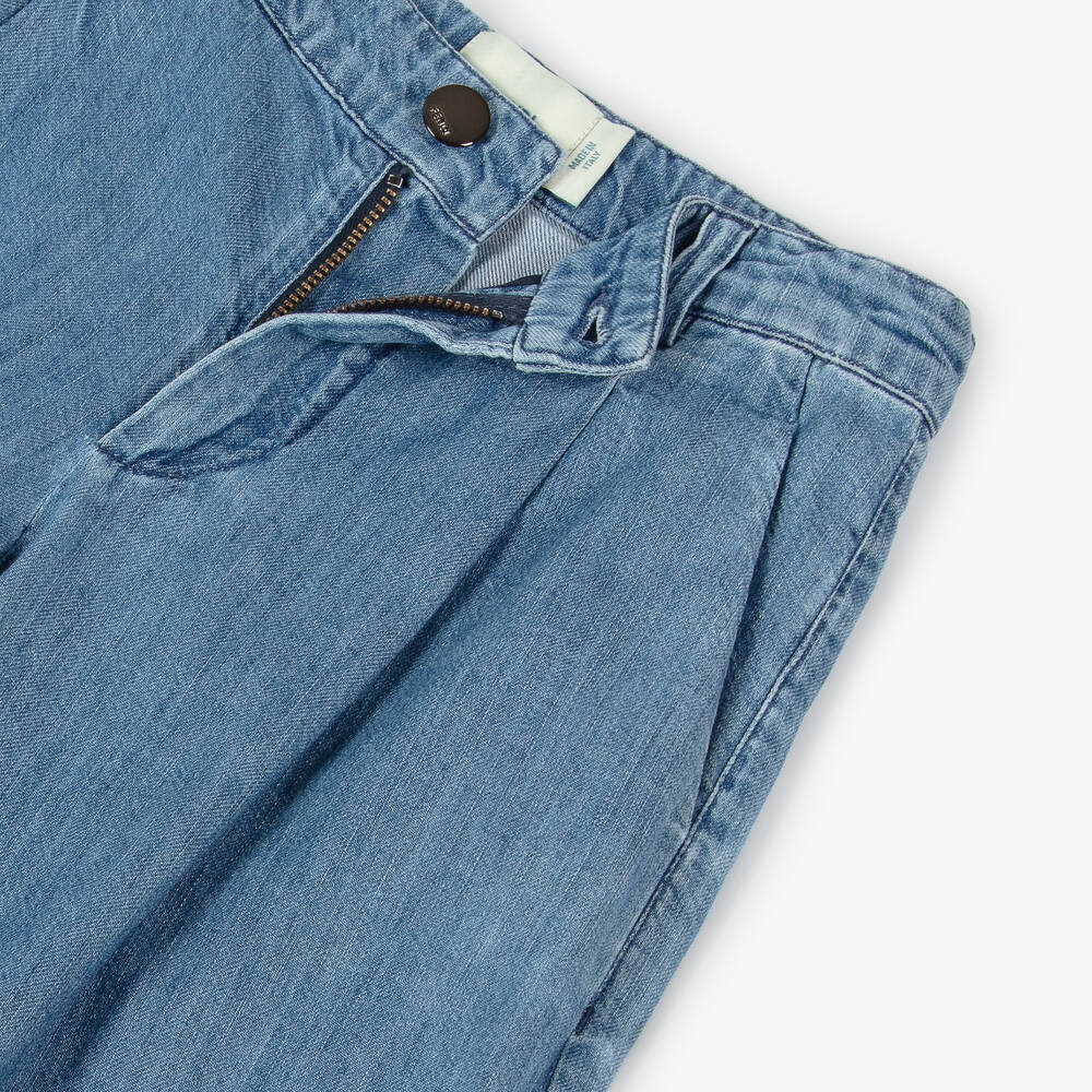 Fendi-Girls Blue Denim Wide Leg FF Logo Jeans | Childrensalon