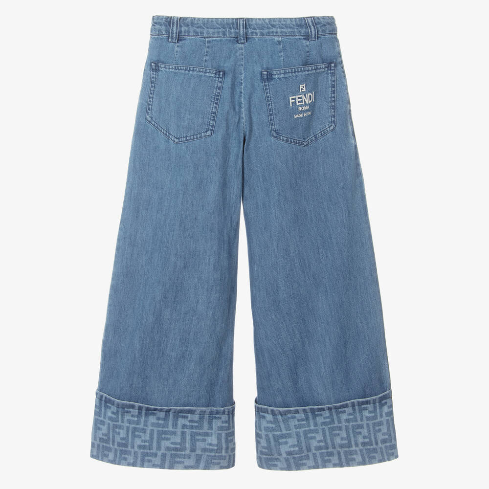 Fendi-Girls Blue Denim Wide Leg FF Logo Jeans | Childrensalon