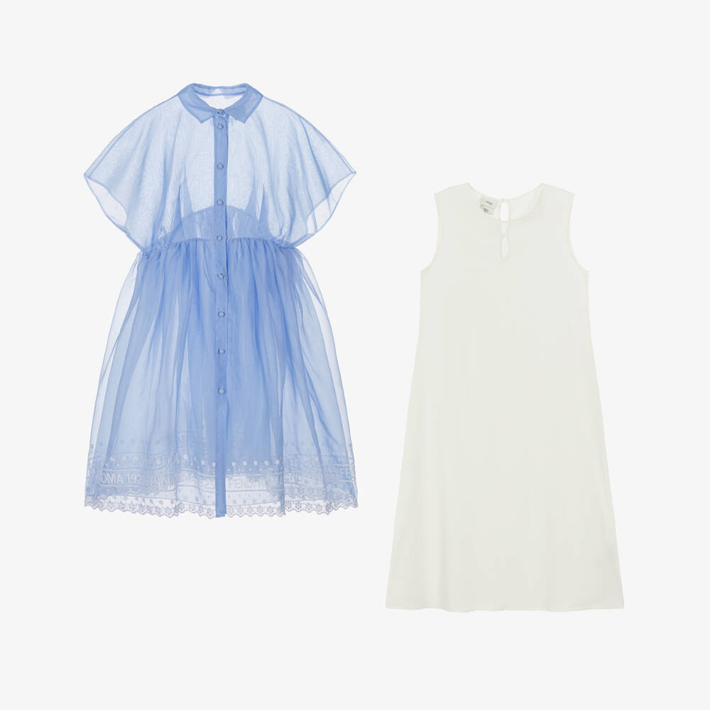 Fendi-فستان حرير أورغانزا لون أزرق للبنات | Childrensalon
