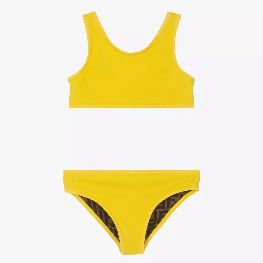 Fendi-مايو بيكيني بشعار FF بوجهين لون بني للبنات | Childrensalon