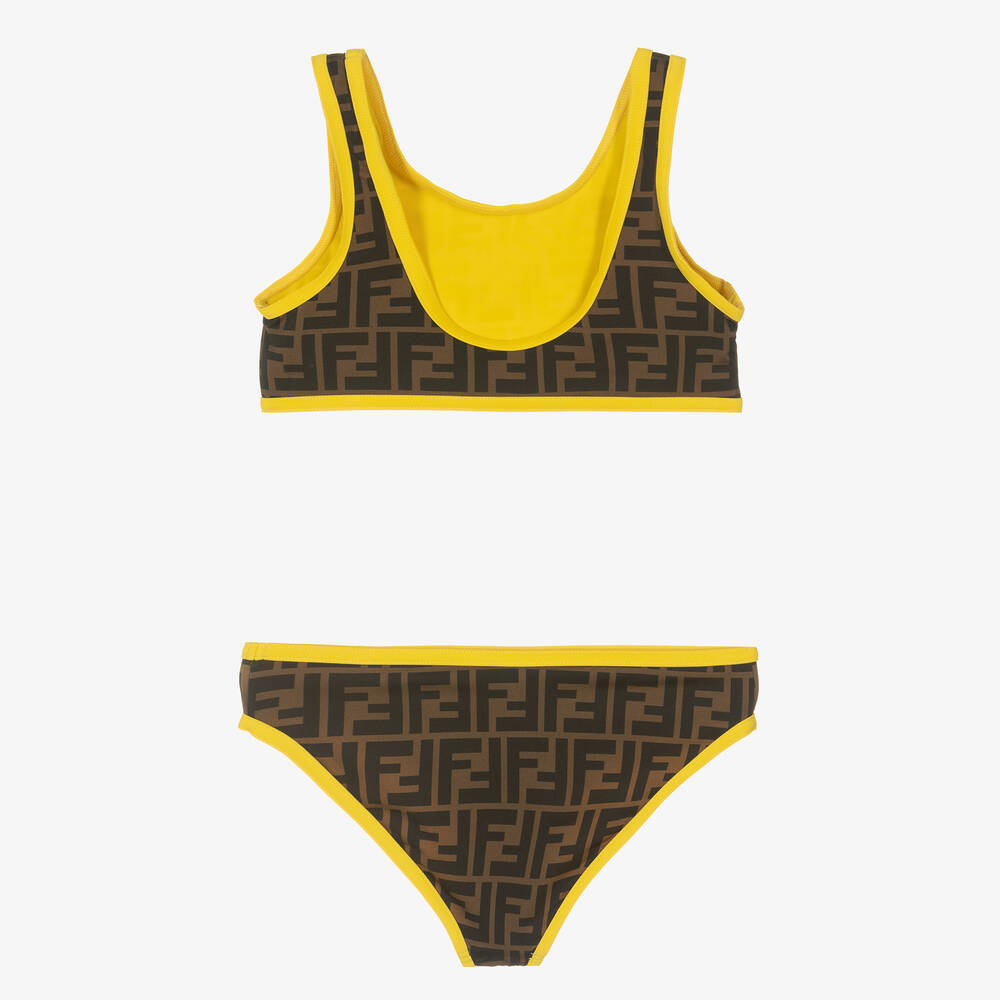 Fendi-مايو بيكيني بشعار FF بوجهين لون بني للبنات | Childrensalon