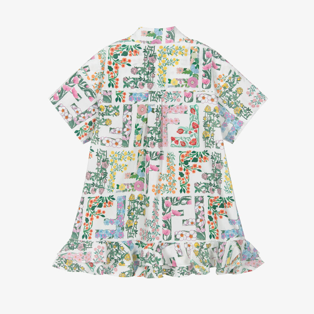 Fendi-Girls Floral FF Logo Printed Cotton Dress | Childrensalon