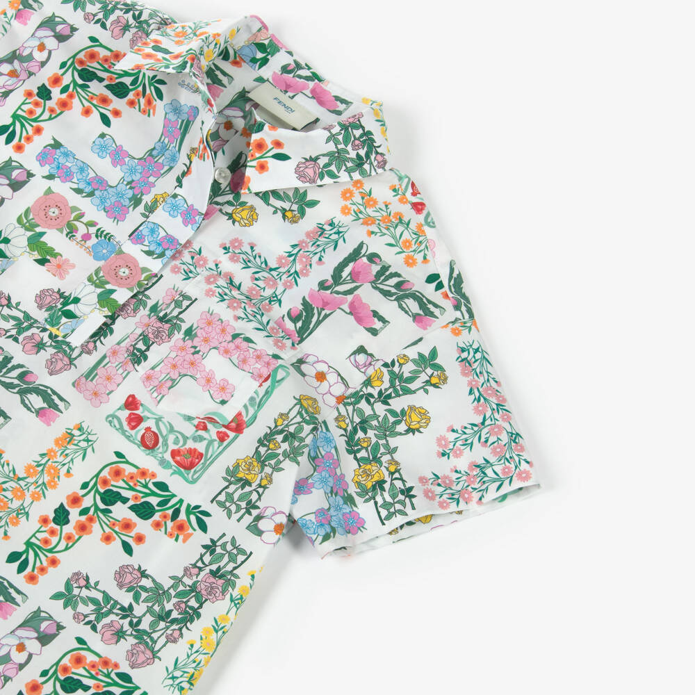 Fendi-Girls Floral FF Logo Printed Cotton Dress | Childrensalon