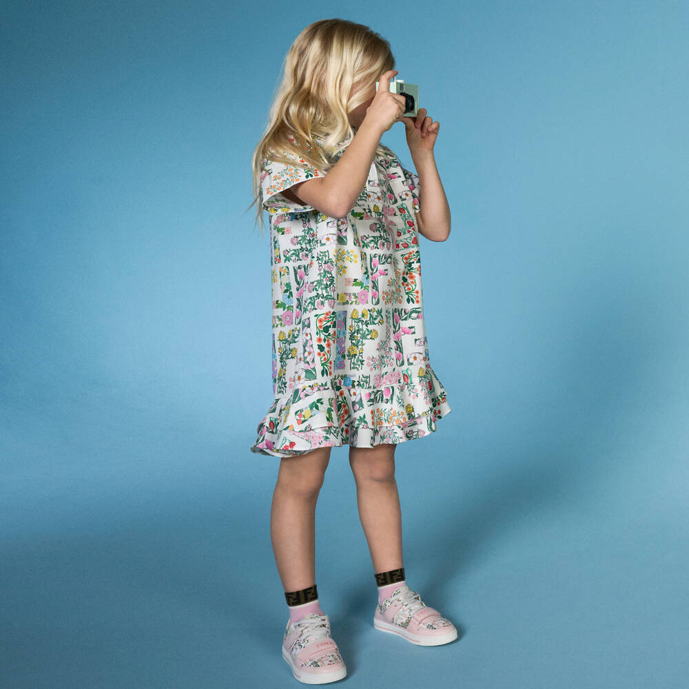 Fendi-Girls Floral FF Logo Printed Cotton Dress | Childrensalon