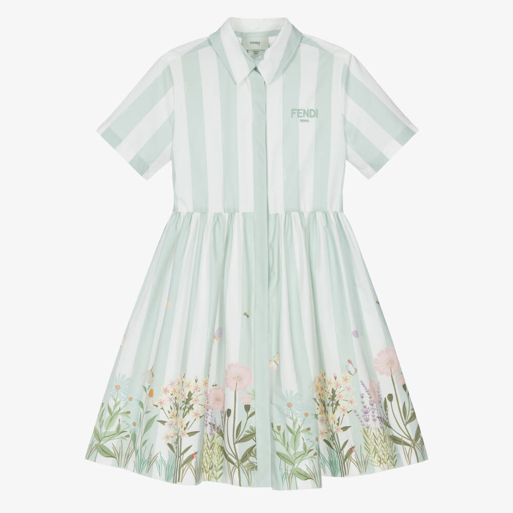 Fendi-Girls Green Stripe & Floral Cotton Shirt Dress | Childrensalon