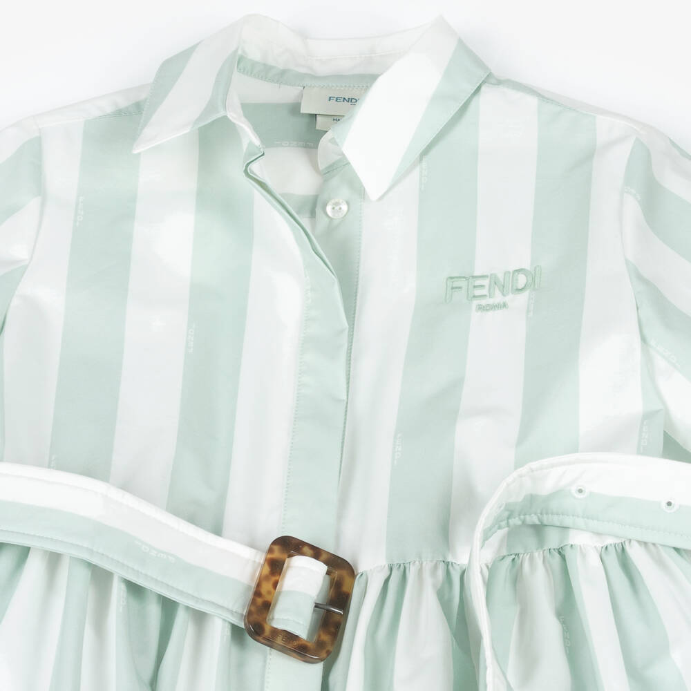 Fendi-Girls Green Stripe & Floral Cotton Shirt Dress | Childrensalon