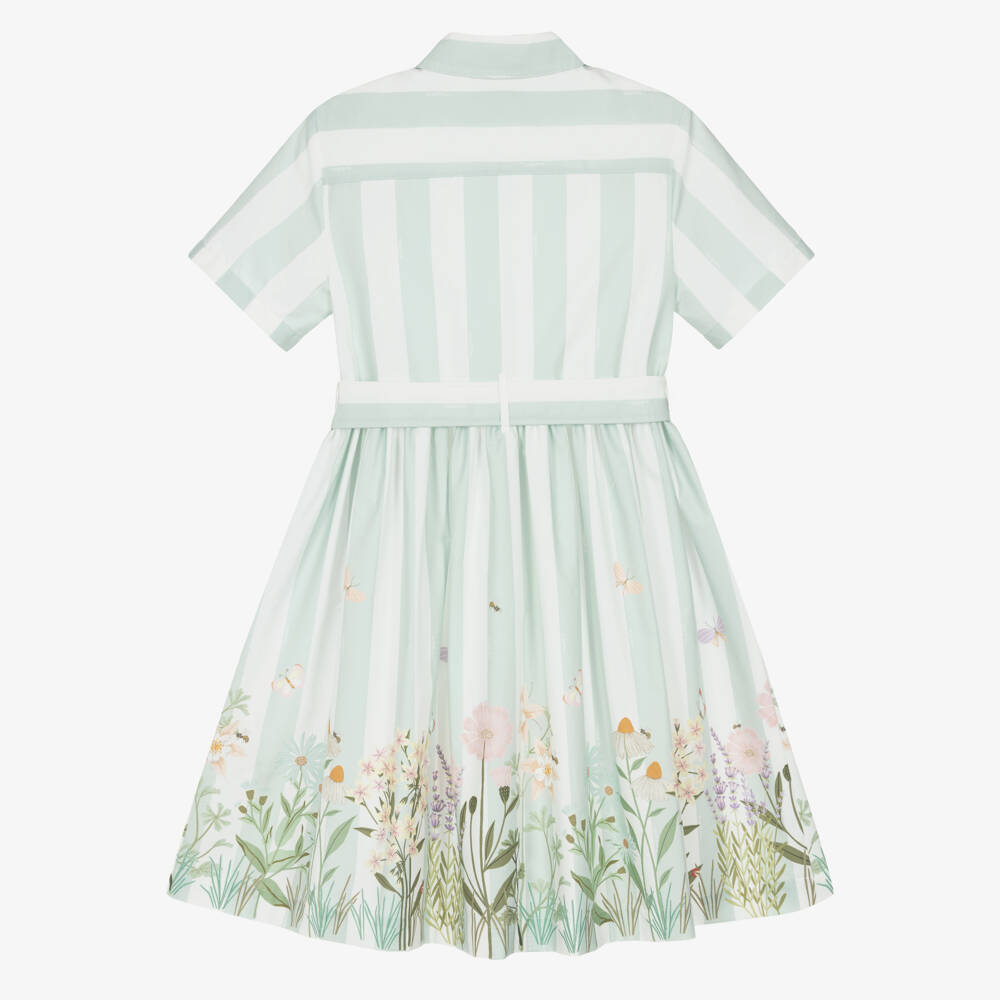 Fendi-Girls Green Stripe & Floral Cotton Shirt Dress | Childrensalon