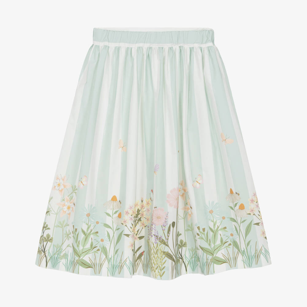 Fendi-Girls Green Stripe & Floral Cotton Skirt | Childrensalon