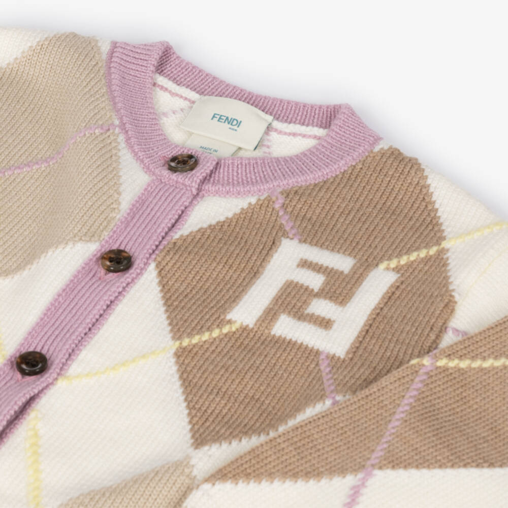 Fendi-Girls Ivory & Beige Argyle Wool Knit Cardigan | Childrensalon