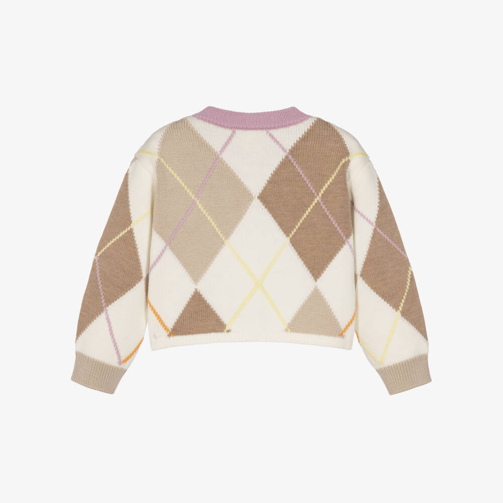 Fendi-Girls Ivory & Beige Argyle Wool Knit Cardigan | Childrensalon