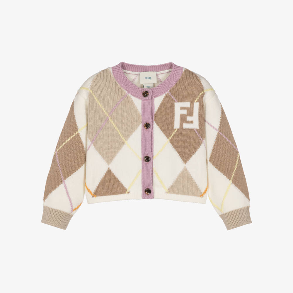 Fendi-Girls Ivory & Beige Argyle Wool Knit Cardigan | Childrensalon