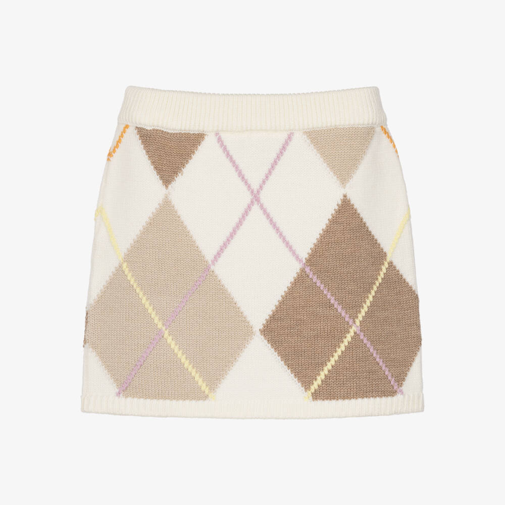 Fendi-Girls Ivory & Beige Argyle Wool Knit Skirt | Childrensalon