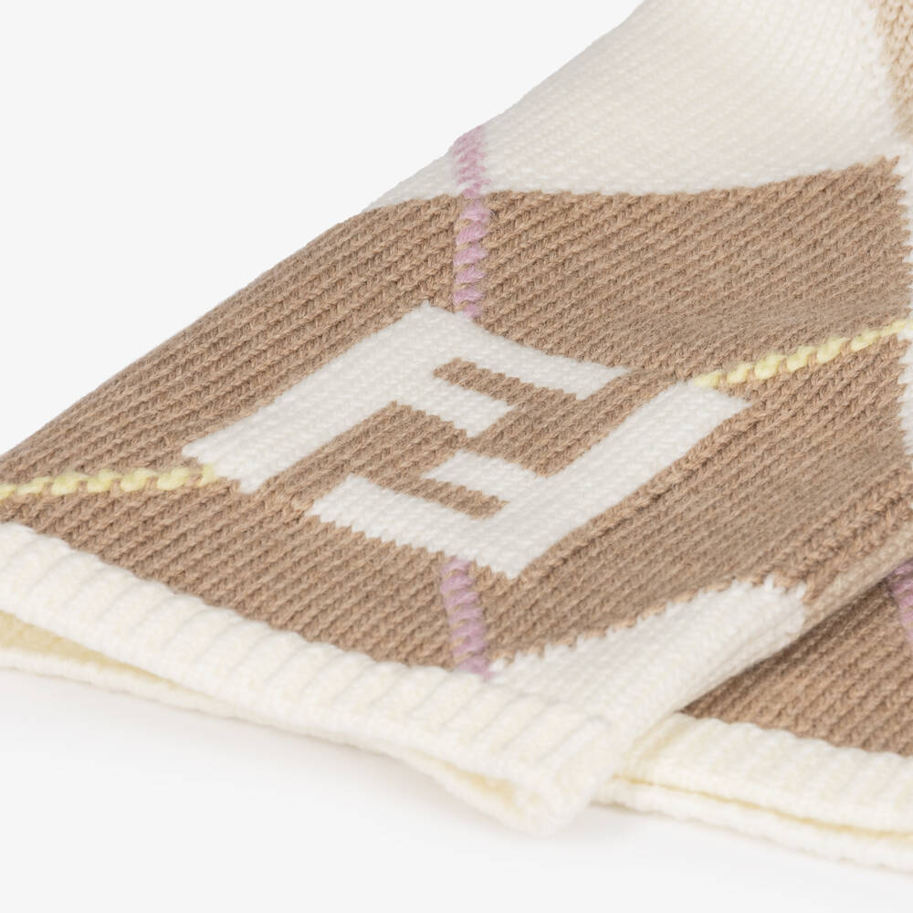 Fendi-Girls Ivory & Beige Argyle Wool Knit Skirt | Childrensalon
