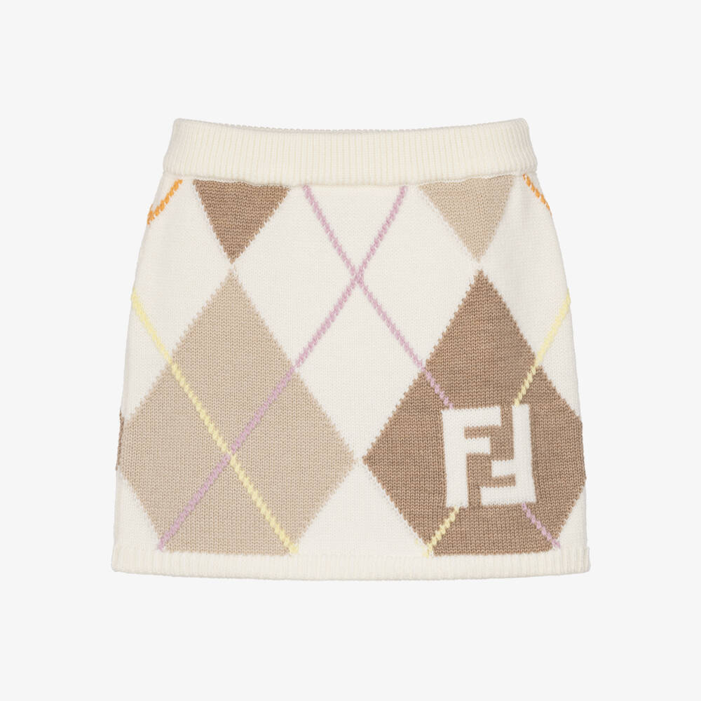 Fendi-Girls Ivory & Beige Argyle Wool Knit Skirt | Childrensalon