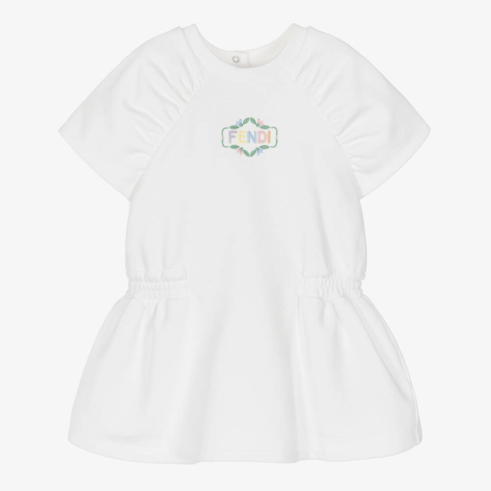 Fendi-Girls Ivory Cotton Dress with Embroidered Pastel Logo | Childrensalon