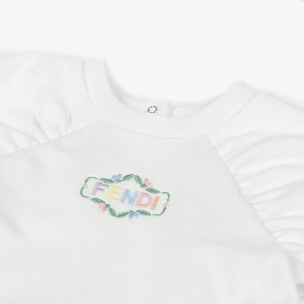 Fendi-Girls Ivory Cotton Dress with Pastel Logo Embroidery | Childrensalon