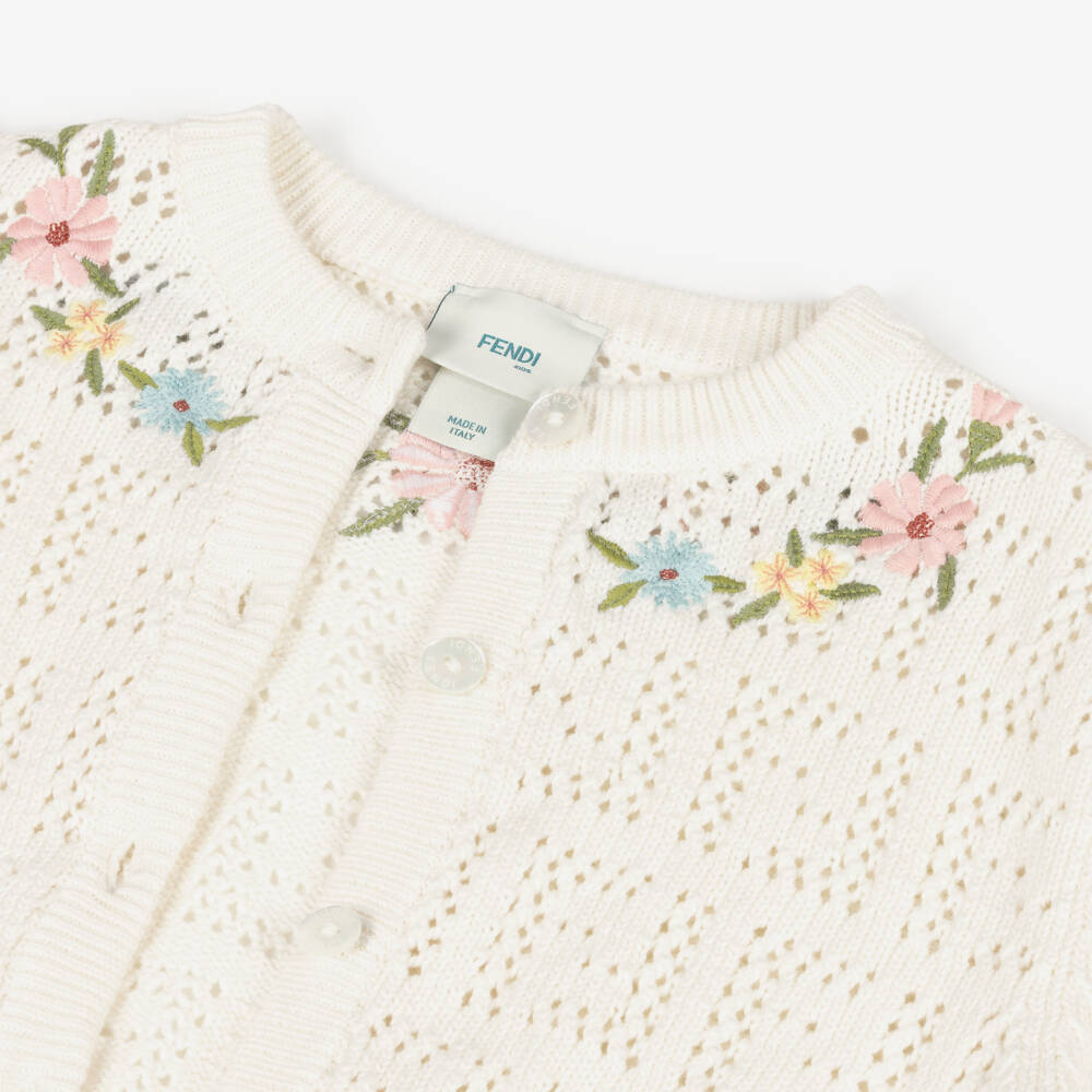 Fendi-Girls Ivory Cotton Embroidered Flower Cardigan | Childrensalon