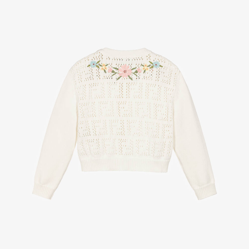 Fendi-Girls Ivory Cotton Embroidered Flower Cardigan | Childrensalon