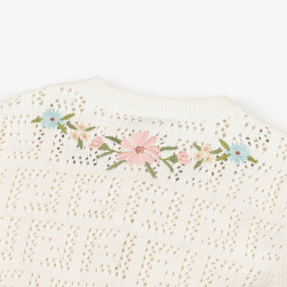 Fendi-Girls Ivory Cotton Embroidered Flower Cardigan | Childrensalon