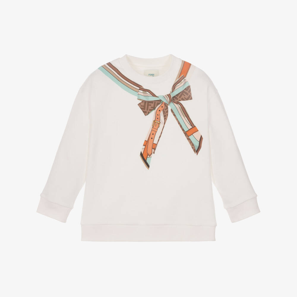 Fendi-Girls Ivory Cotton FF Bow Print Sweatshirt | Childrensalon