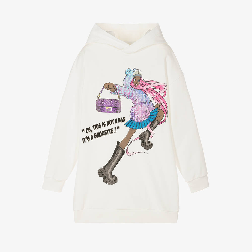 Fendi-Girls Ivory Manga Hoodie Dress | Childrensalon