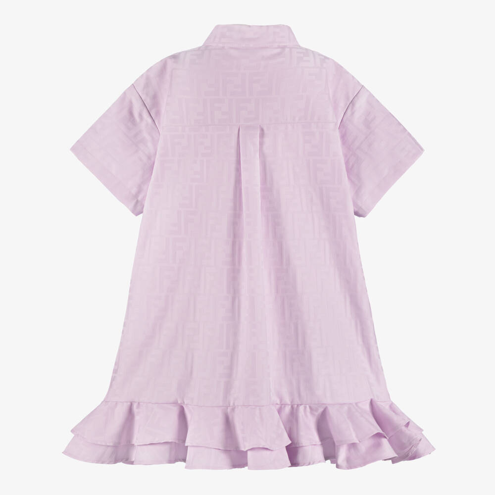 Fendi-فستان بتصميم قميص وشعار FF قطن جاكار لون ليلكي للبنات | Childrensalon