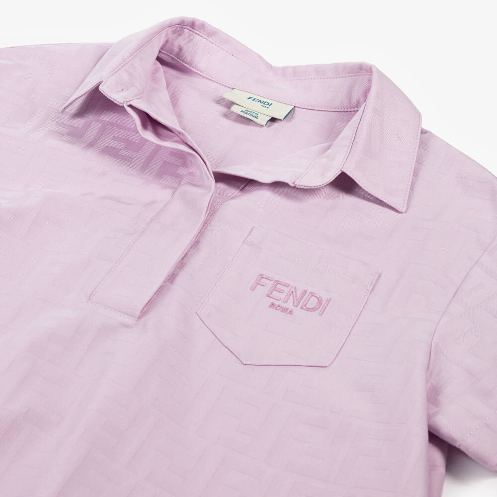 Fendi-فستان بتصميم قميص وشعار FF قطن جاكار لون ليلكي للبنات | Childrensalon