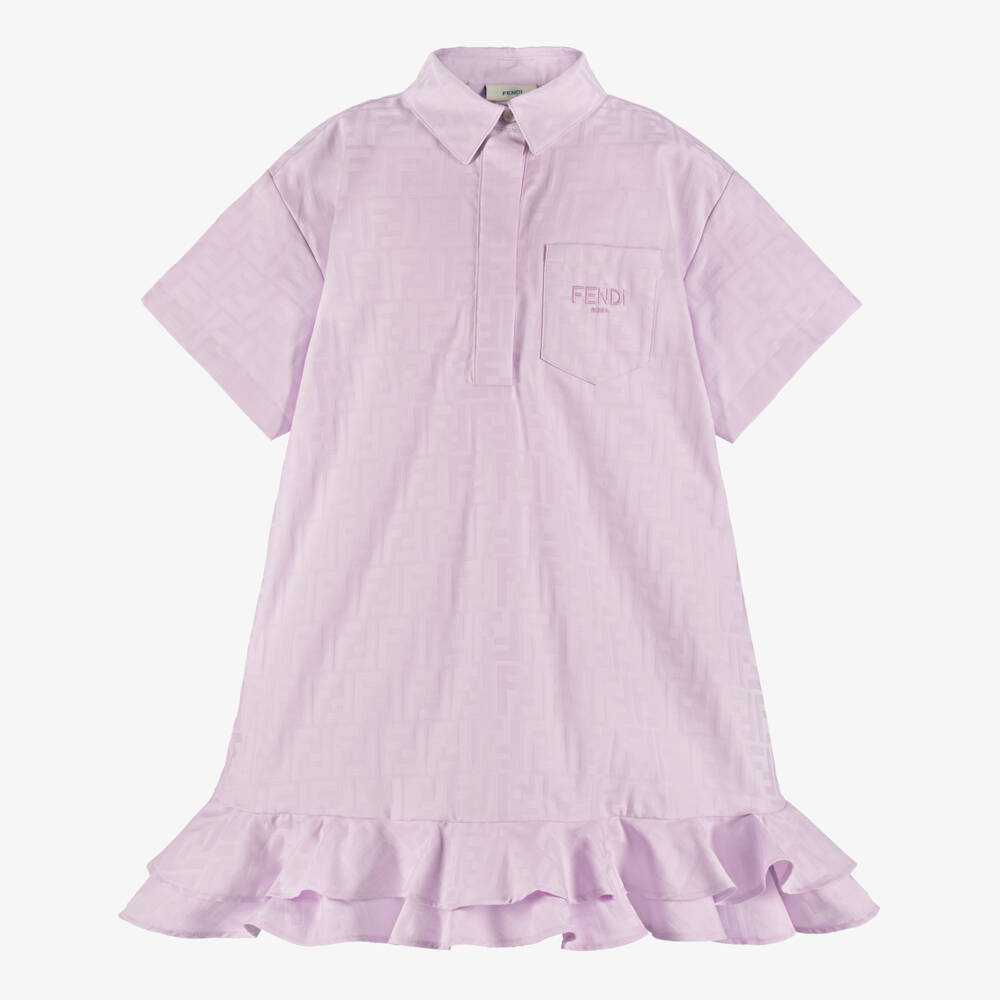 Fendi-Girls Lilac Cotton Jacquard FF Logo Shirt Dress | Childrensalon